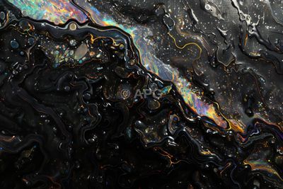 Abstrakte Galaxie aus flüssigem Schwarz und opalisierenden Farben